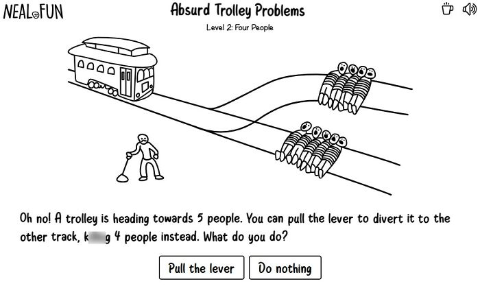 A black-and-white drawing of the Absurd Trolley Problems, an interesting website game, with a trolley approaching people tied to tracks.