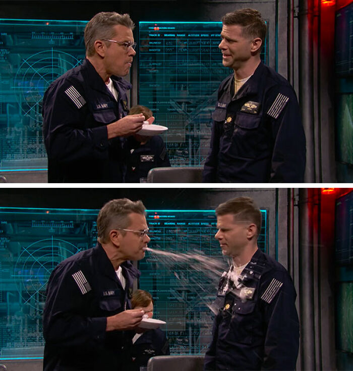 Matt Damon in an SNL sketch, spitting food onto Mikey Day, creating a gross moment for viewers.