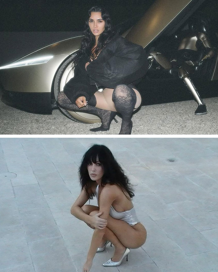 Kim Kardashian in black sheer tights near a car, and Bianca Censori in a silver bodysuit. Kim Kardashian in black sheer tights near a car, and Bianca Censori in a silver bodysuit.