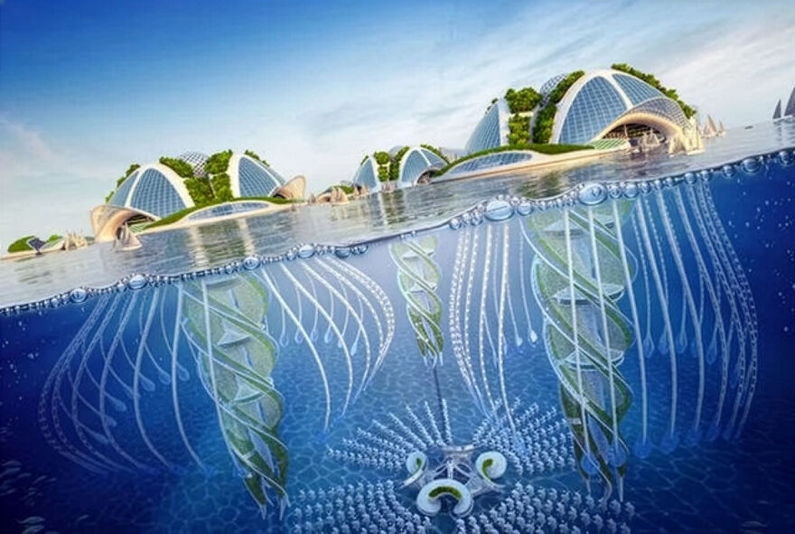 Design concept of a floating city with sustainable green architecture and underwater foundations