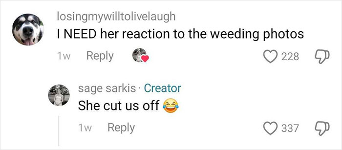 Comments about the mother-in-law's reaction to the edited wedding photos. Comments about the mother-in-law's reaction to the edited wedding photos.