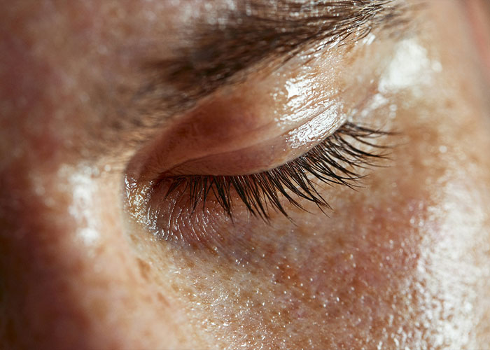 Close-up of eyelid skin highlighting texture