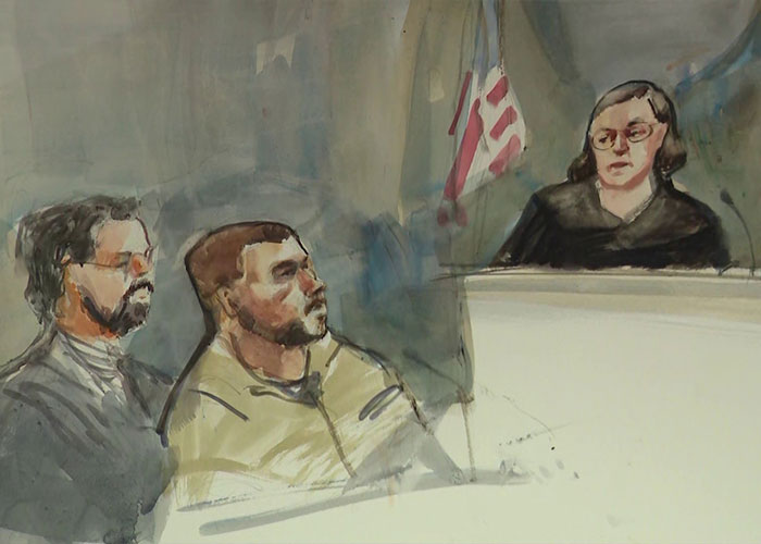 Courtroom sketch showing lawyer defending tourist in seal incident case