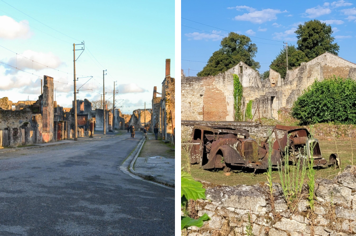 Old village ruins with rusted cars and overgrown plants nature memorial
