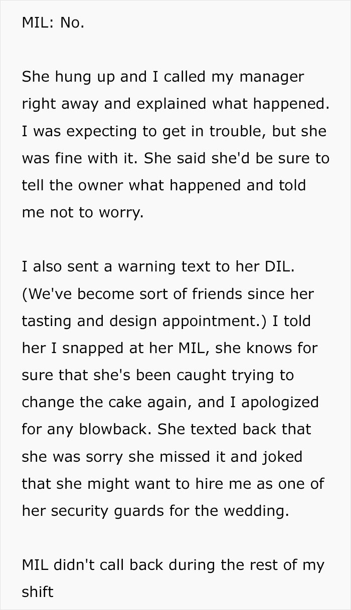 Text about warning the future daughter-in-law and dealing with wedding cake issues Text about warning the future daughter-in-law and dealing with wedding cake issues