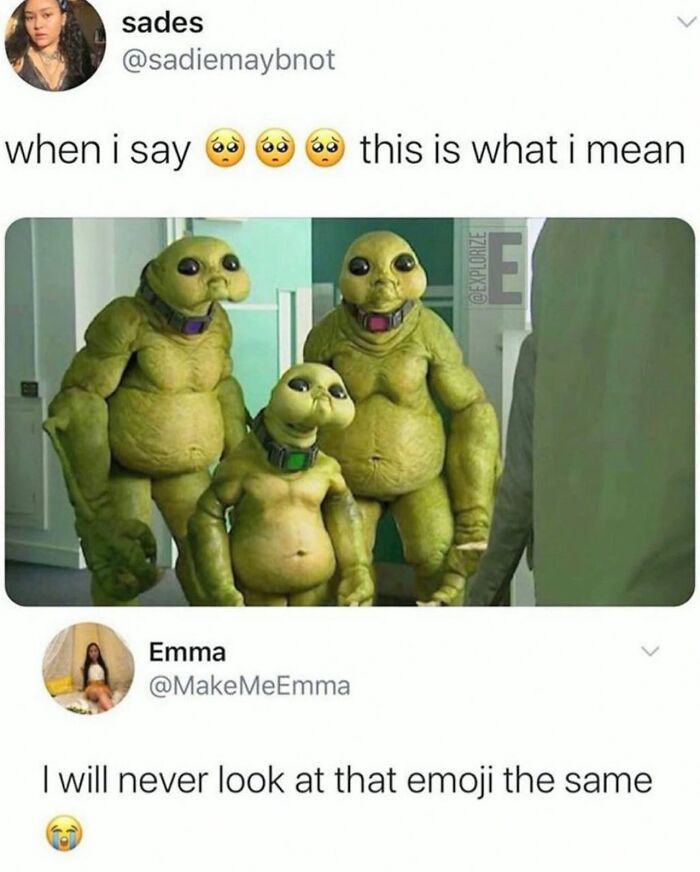 Funny meme with crying emoji and green alien creatures