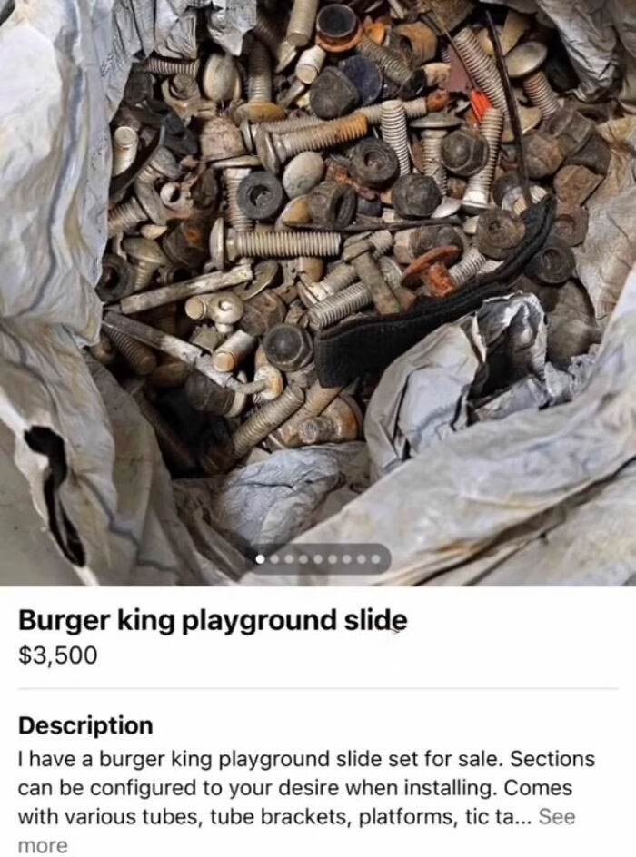 Bag of rusty bolts and hardware parts from a Burger King playground slide on FB Marketplace