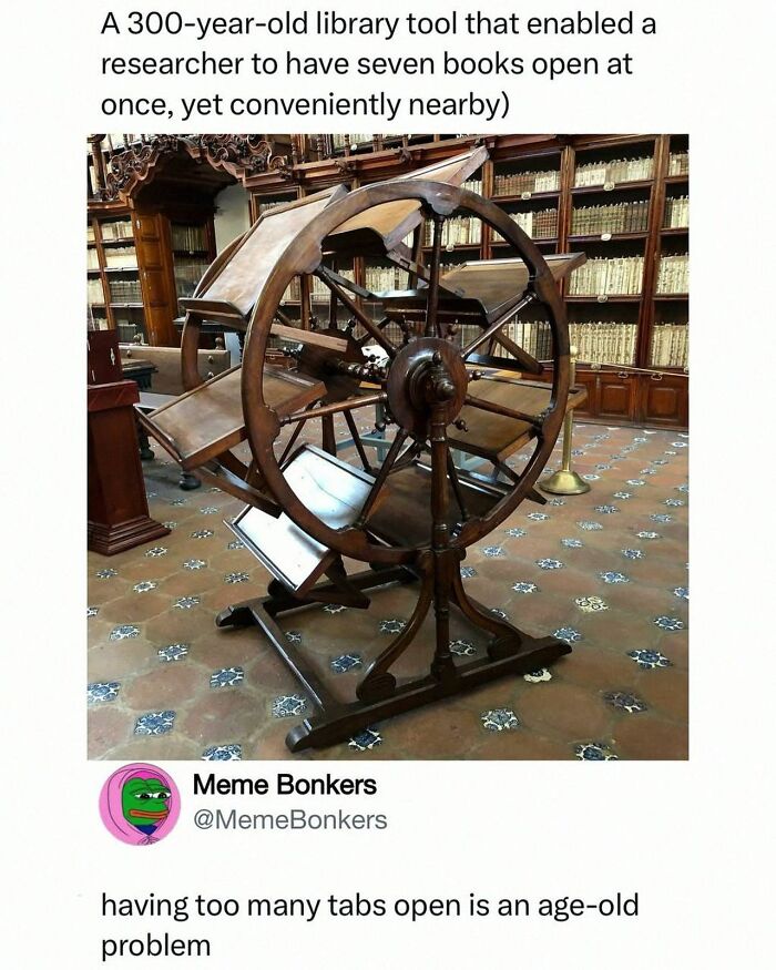 Antique wooden library tool holding seven open books