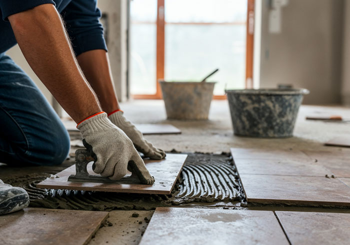 A contractor installing floor tiles, spreading adhesive, with buckets in the background. Illustrates a common expensive contractor task.