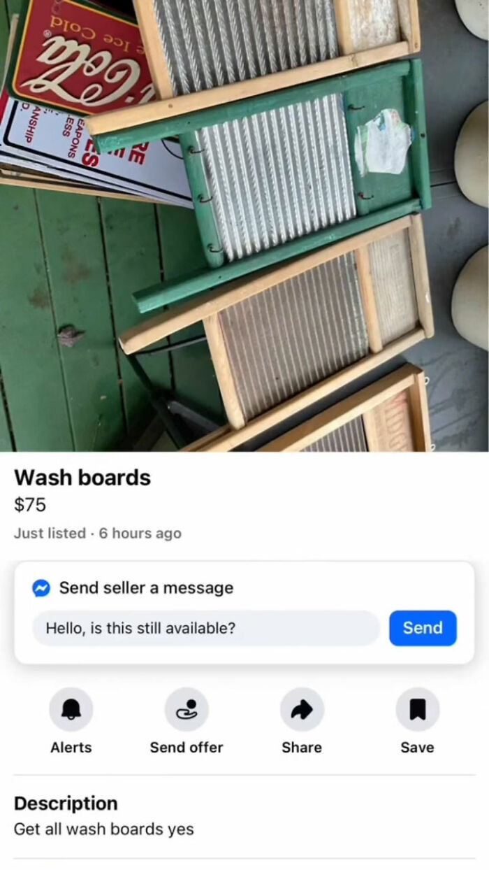 Set of vintage wash boards laid out on a green wooden surface for sale on FB Marketplace