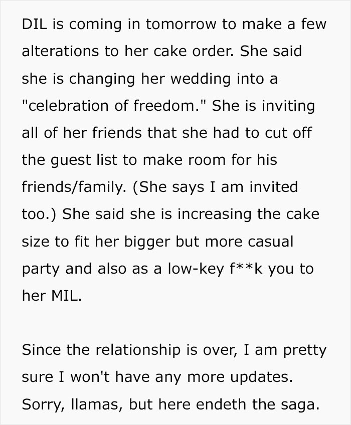 Bride changes wedding to casual celebration and alters wedding cake order Bride changes wedding to casual celebration and alters wedding cake order
