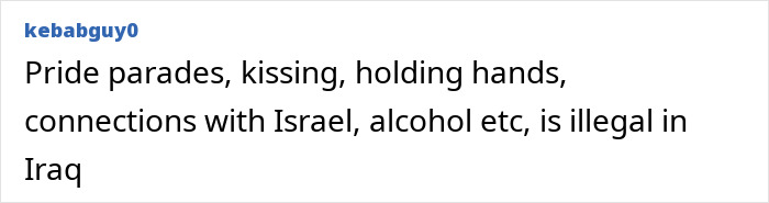 Illegal laws in Iraq banning pride parades, kissing, and connections with Israel