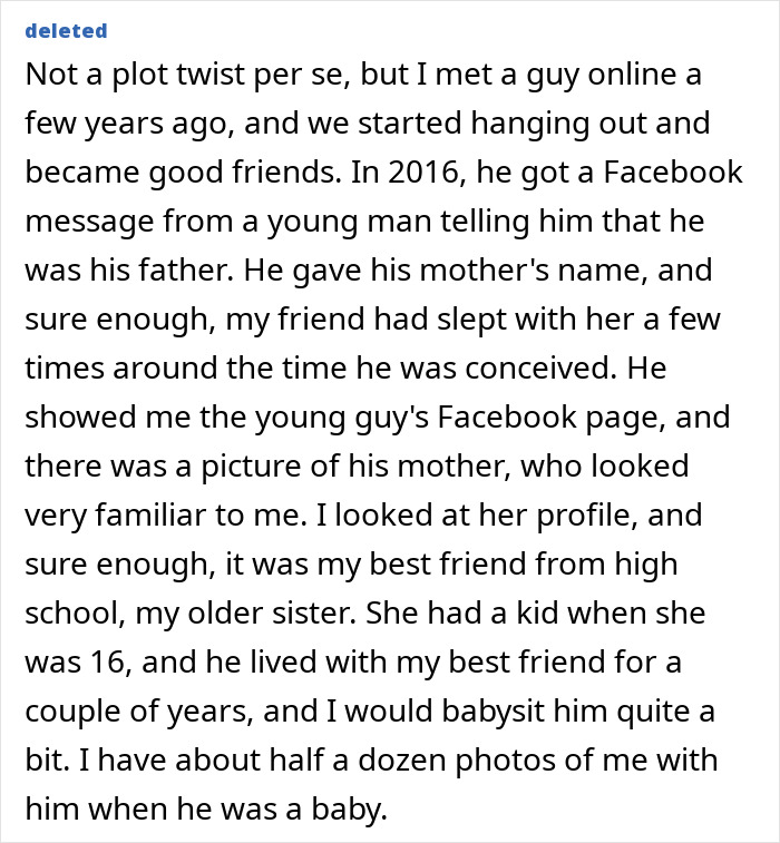 Unexpected family plot twist involving online friends revealing hidden family ties