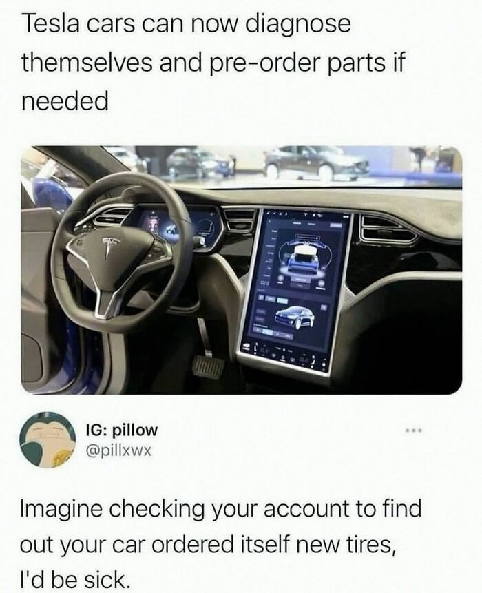 Tesla dashboard showing car self-diagnosis and pre-order parts option