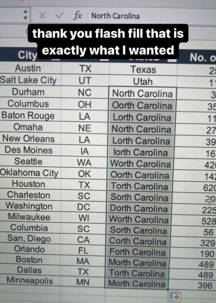 Excel flash fill glitch with funny misspellings of North Carolina