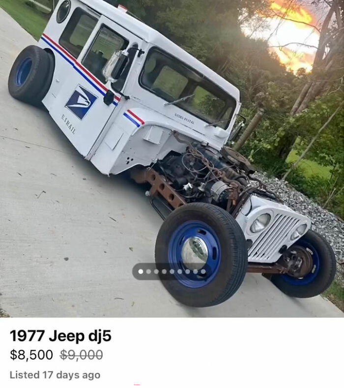 1977 Jeep DJ5 custom vehicle with exposed engine and USPS design