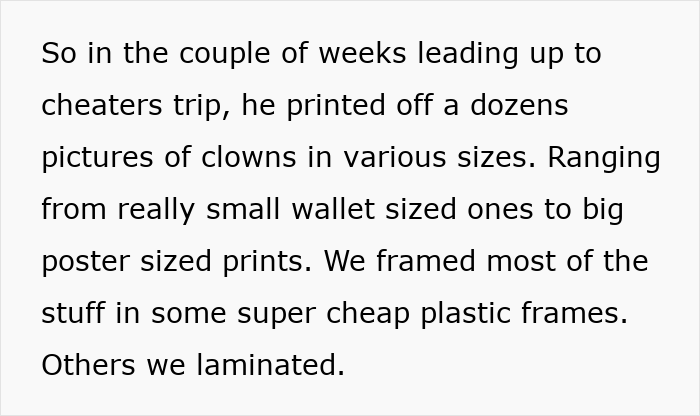 Text describing printing dozens of clown pictures in various sizes, from wallet to poster, to replace items.