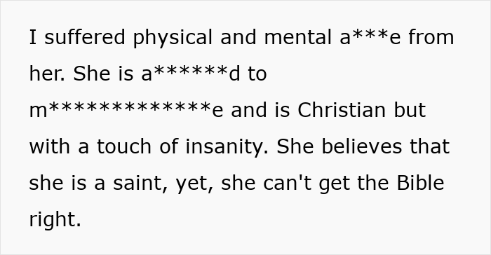 Text describing physical and mental a***e from toxic mother with religious delusions