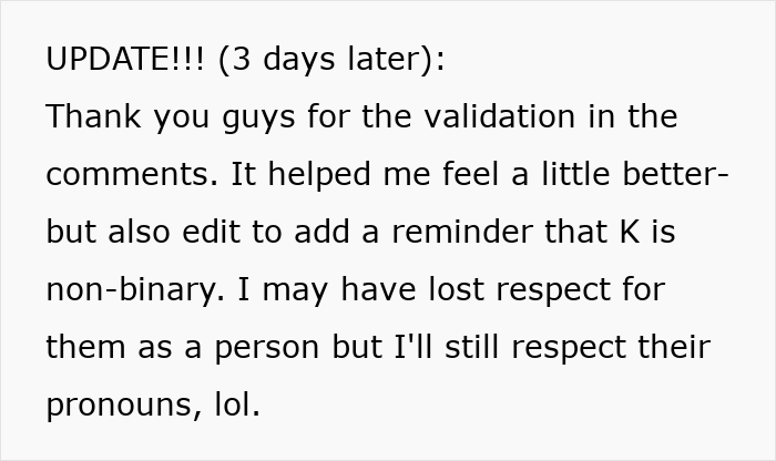 Update about respecting non-binary friend's pronouns in wedding dress dispute Update about respecting non-binary friend's pronouns in wedding dress dispute