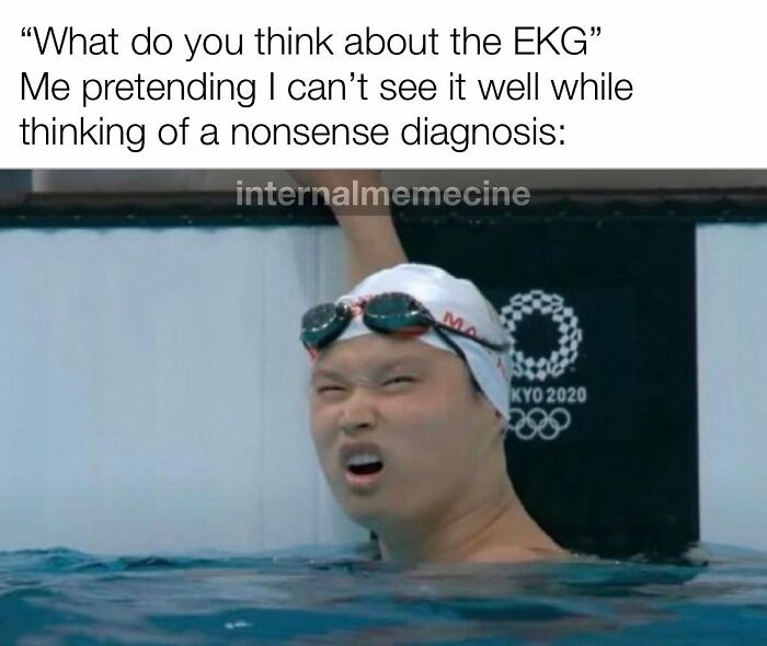 A swimmer in the water with a confused expression, depicting medical memes about Googling symptoms.