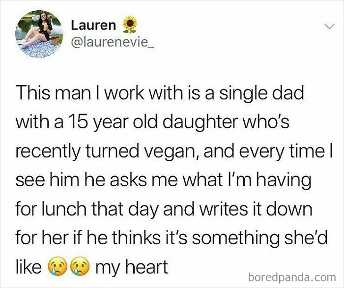 A tweet from Lauren about her coworker's vegan daughter, showcasing funny memes for vegans.