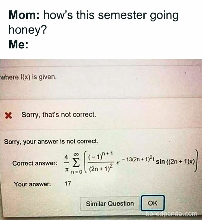 A math meme showing a student's simple answer, 17, rejected for a complex calculus solution. Funny math struggles.