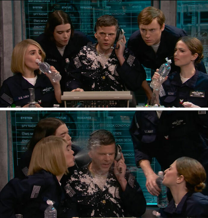 Matt Damon's SNL sketch: A man in a splattered navy uniform reacts as others spray water. Viewers are disgusted.