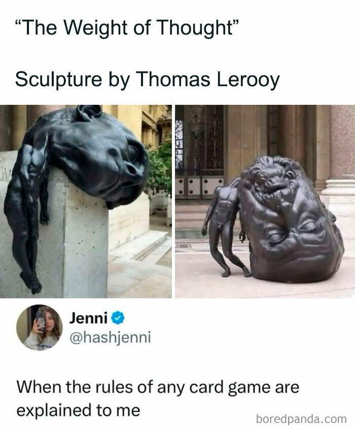 Sculpture The Weight of Thought showing heavy head with card game meme