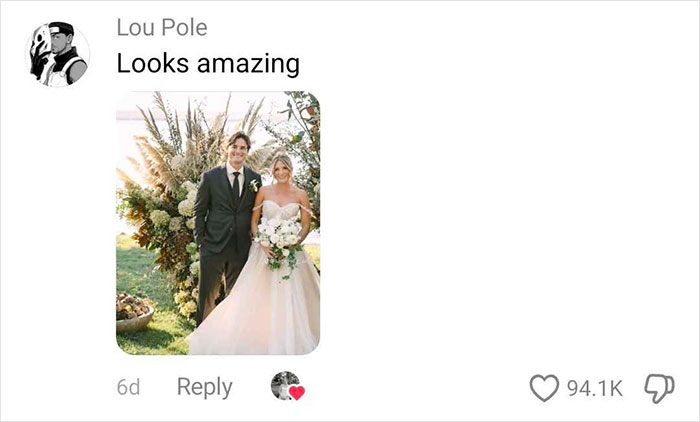 A social media comment praises the edited wedding photo, where the MIL has been removed from the picture. A social media comment praises the edited wedding photo, where the MIL has been removed from the picture.