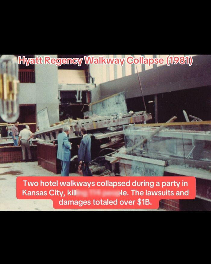 Hyatt Regency walkway collapse in Kansas City k****d many, major legal and damage costs