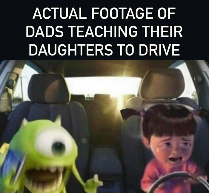 Funny mom meme with animated characters depicting dads teaching daughters to drive