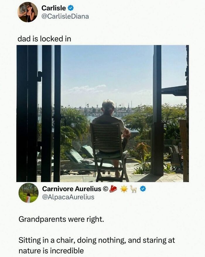 Older man sitting in chair enjoying nature view outside