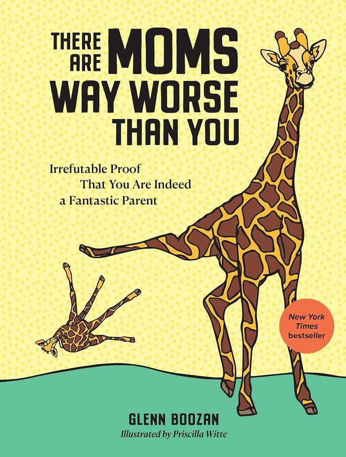 A humorous book cover for Mother's Day gifts, showing a large giraffe and a smaller falling giraffe, titled "There Are Moms Way Worse Than You."
