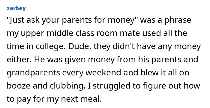 A screenshot of a Reddit comment detailing an ignorant middle-class statement about asking parents for money.