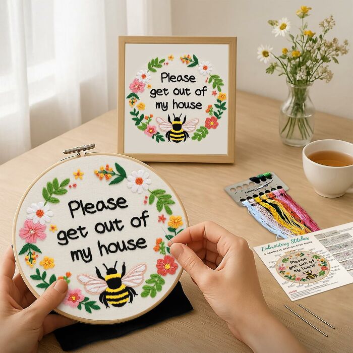 Funny embroidery art, Please get out of my house with a bee, a Mother's Day gift for a humor-loving mom.