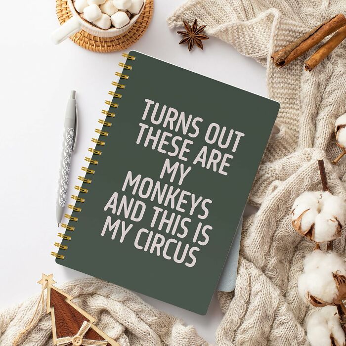 A humorous green notebook stating "Turns out these are my monkeys and this is my circus", a funny Mother's Day gift idea.