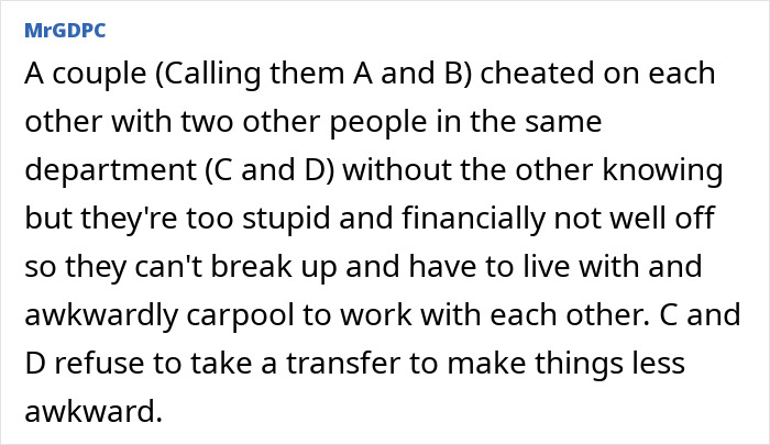 Office drama story about complicated cheating couple forced to carpool awkwardly