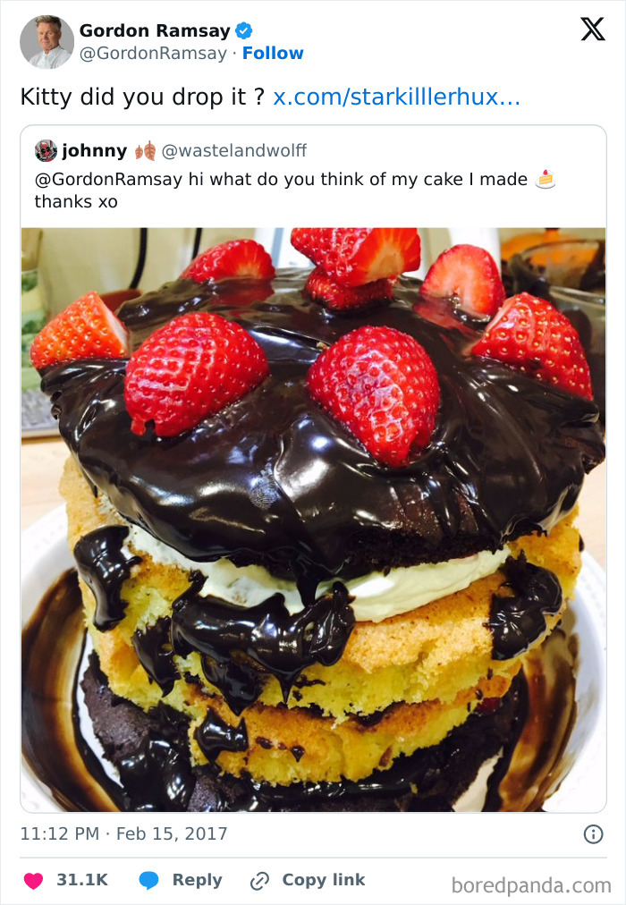 Unappetizing cake with messy chocolate and strawberries criticized as disgusting dish