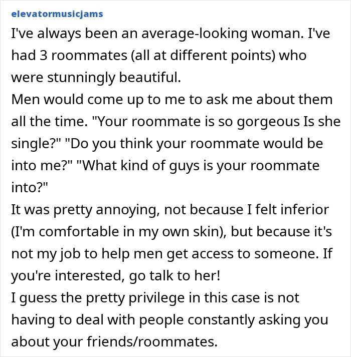 Story of average-looking woman facing questions about her stunning roommates and pretty privilege
