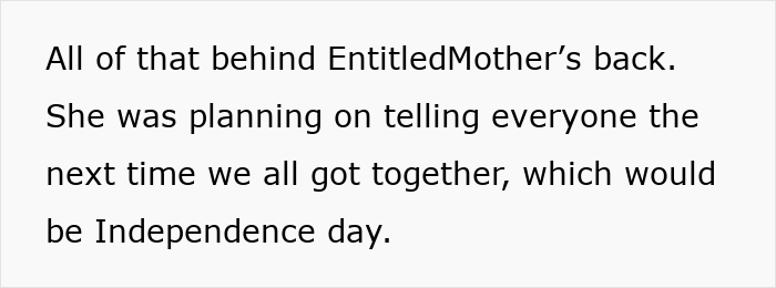 Screenshot of text describing plans made behind mother's back
