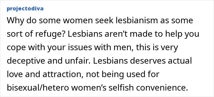 A tweet from projectodiva questioning why some women seek lesbianism as refuge, discussing cheating and intimacy.