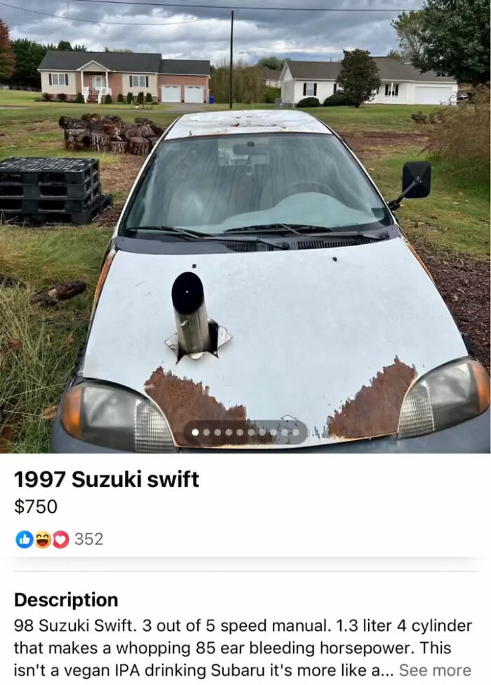 1997 Suzuki Swift car with rusted hood and external exhaust pipe listed on FB Marketplace