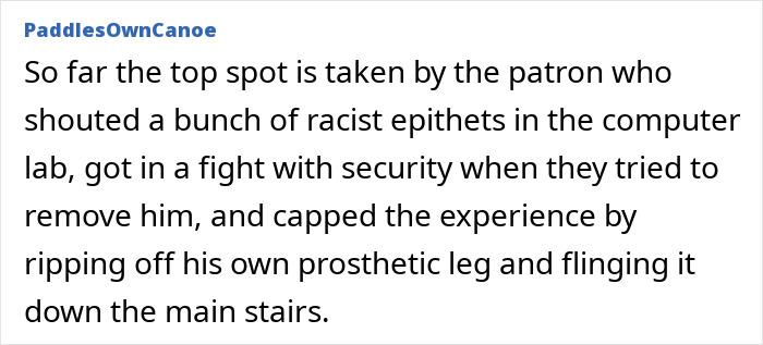 Office drama story about patron causing chaos in computer lab with prosthetic leg