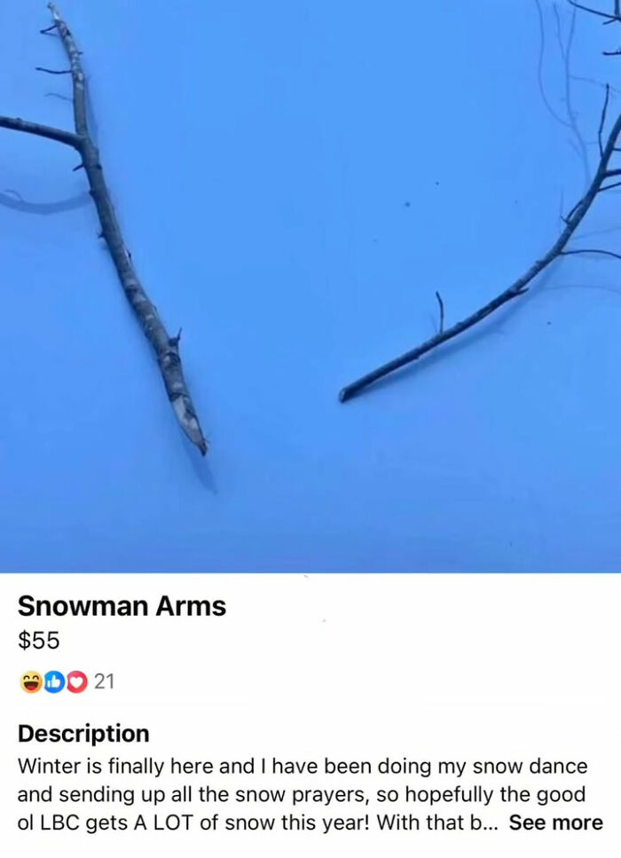 Two tree branches labeled as snowman arms in snow offered on FB Marketplace
