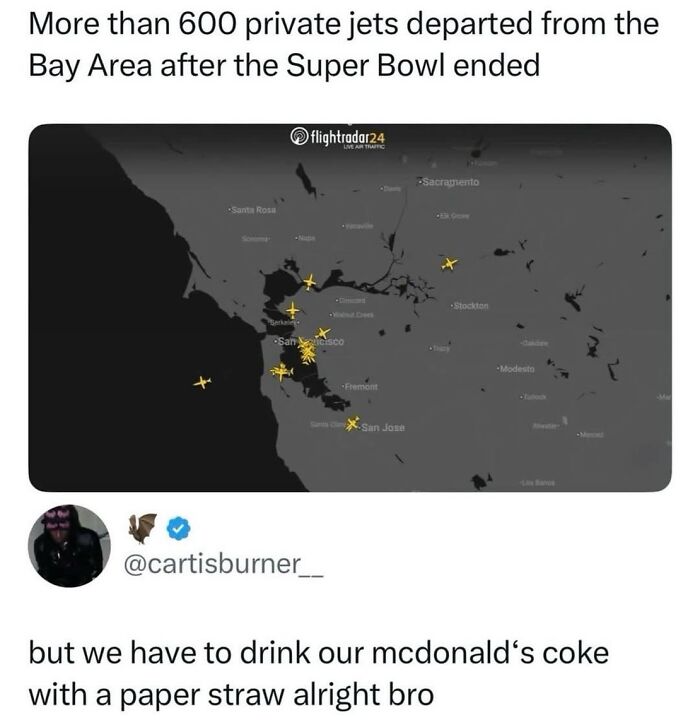 Flight radar image showing 600 private jets leaving Bay Area after Super Bowl