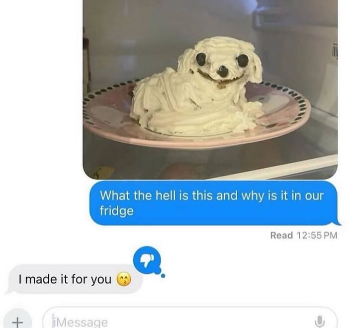 Whipped cream shaped like a dog with funny godless comments in text message