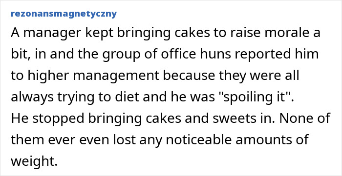Office drama story about manager stopping bringing cakes due to diet complaints