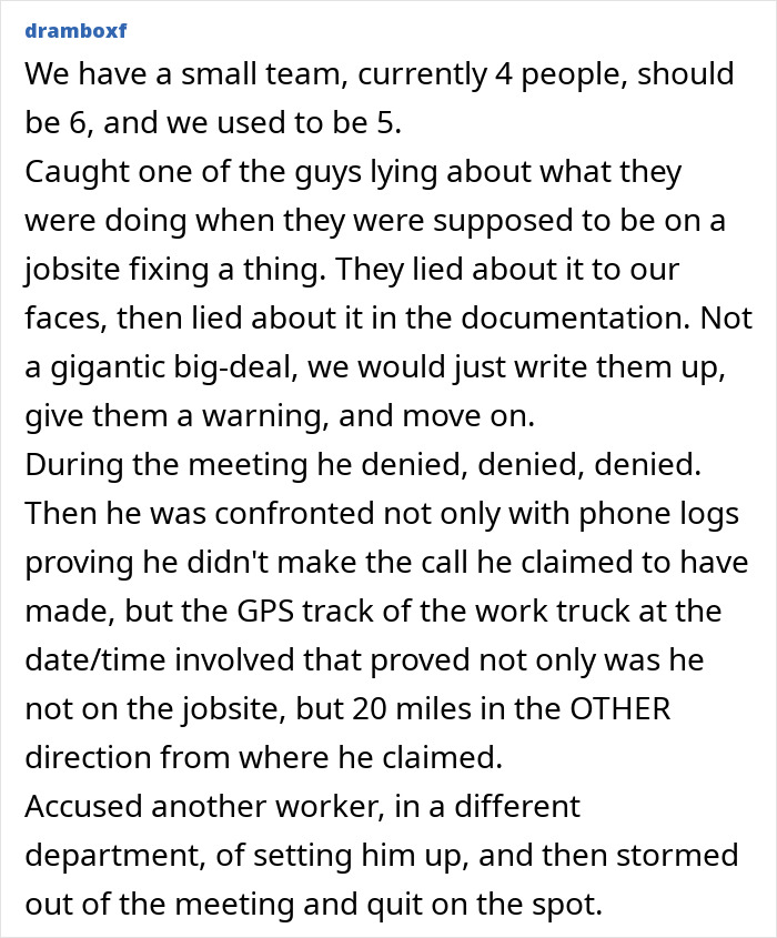 Office drama about a worker lying about jobsite work and quitting after confrontation