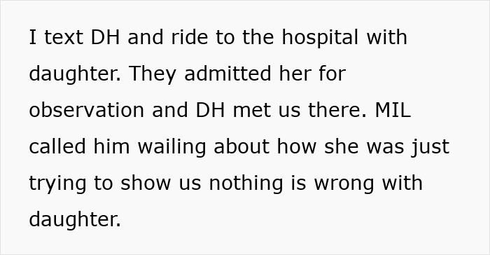 Text from an online post detailing a child's hospital admission and a MIL's denial about the kid's allergies after an ER visit.
