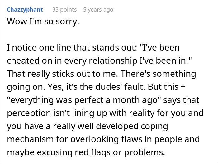 Comment discussing repeated cheating and coping mechanisms in relationships